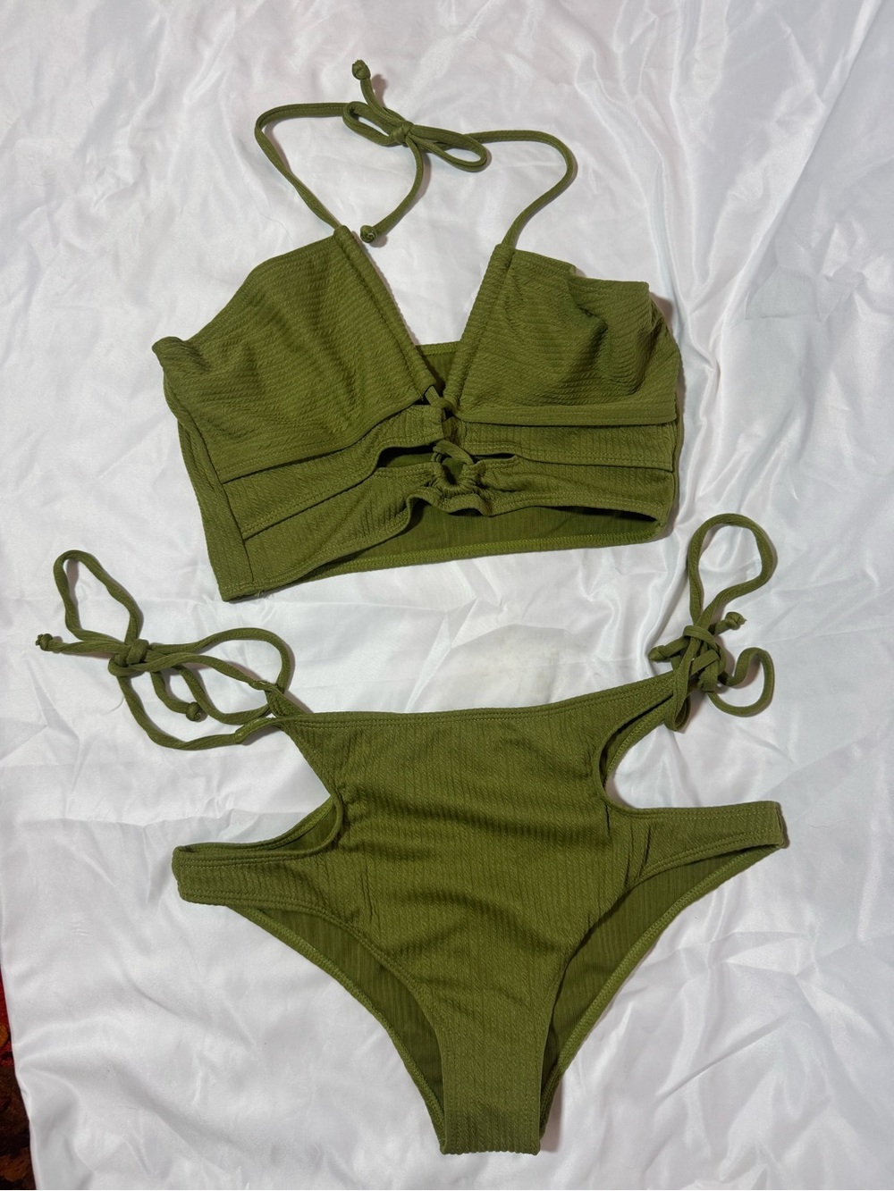 Olive Green Ribbed Tie-Side Bikini Set